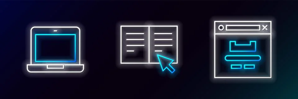 Set line Browser window, Laptop and Online book icon. Glowing neon. Vector Stockillustratie
