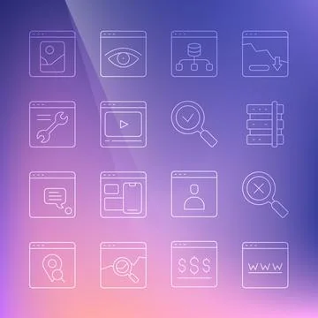 Set line Browser window, Magnifying glass and delete, Server, Server, Data Illustrazione stock