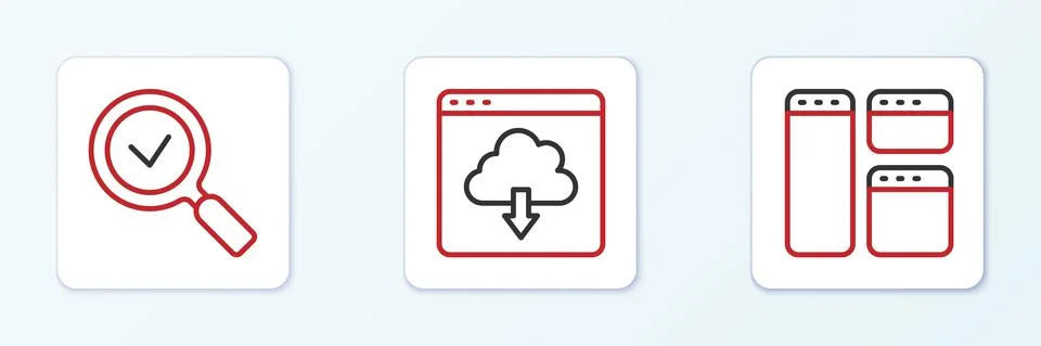 Set line Browser window, Magnifying glass with check mark and Cloud download 스톡 일러스트