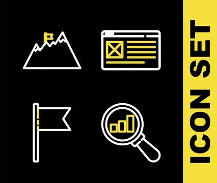 Set line Browser window, Magnifying glass and analysis, Location marker and M Illustrazione stock