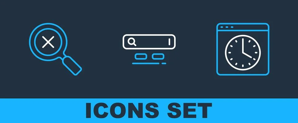 Set line Browser window, Magnifying glass and delete and Search engine icon Stock Illustration