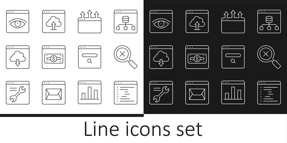 Set line Browser window, Magnifying glass and delete, Online shopping on screen イラスト素材