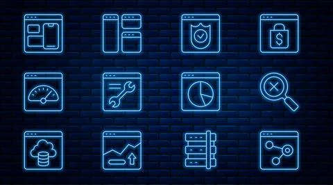 Set line Browser window, Magnifying glass and delete, with shield, setting,.. Stockillustratie