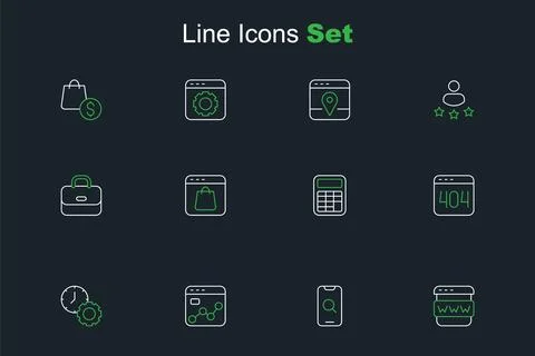 Set line Browser window, Magnifying glass and mobile, Market analysis, Time.. Stock Illustration