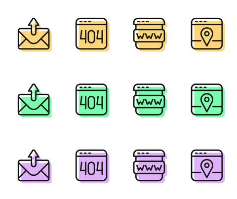 Set line Browser window, Mail and e-mail, Page with 404 error and Infographic of Stock Illustration