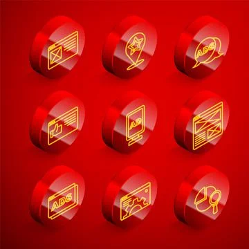 Set line Browser window, Map pointer with star, Advertising, and setting icon Stock Illustration