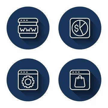 Set line Browser window, Market analysis, setting and Online shopping on screen Illustrazione stock