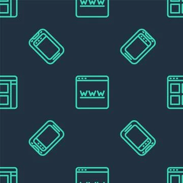 Set line Browser window, Mobile phone and files on seamless pattern. Vector Stock Illustration
