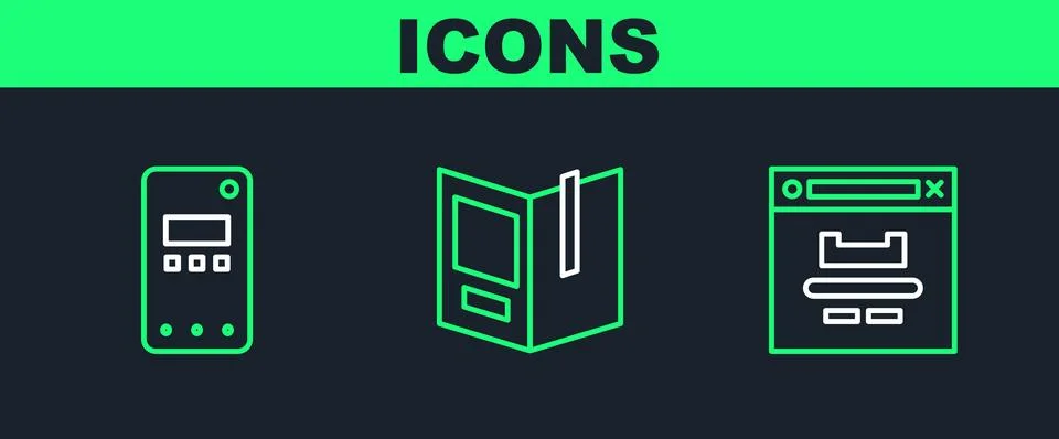 Set line Browser window, Mobile phone and Open book icon. Vector 库存插图