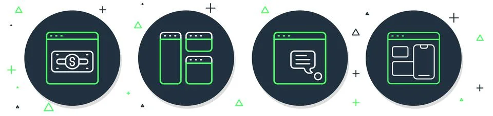 Set line Browser window, New chat messages notification, Online shopping screen Stock Illustration