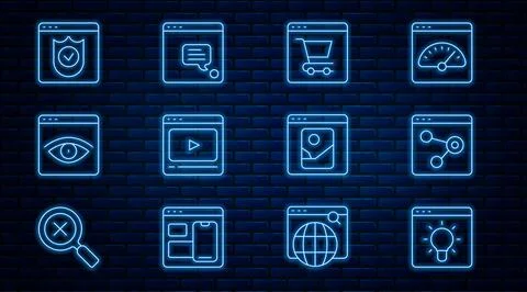Set line Browser window, Online shopping on screen, play video, incognito, with Stock Illustration