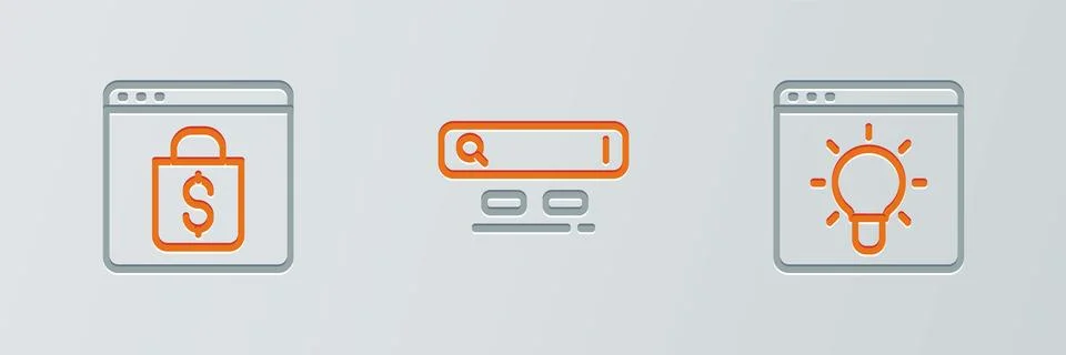 Set line Browser window, Online shopping on screen and Search engine icon イラスト素材