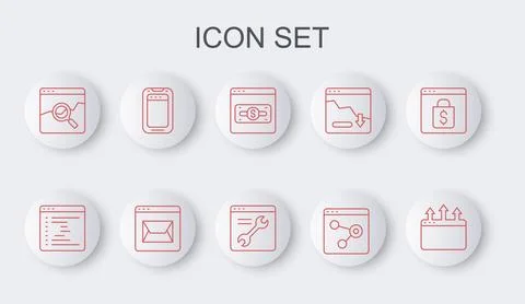 Set line Browser window, Online shopping on screen, Website with stocks mar.. Illustrazione stock