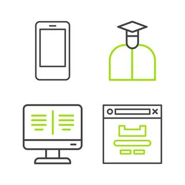 Set line Browser window, Online book on monitor, Student and Mobile phone i.. Illustrazione stock
