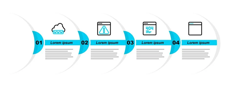 Set line Browser window, Page with a 404 error, exclamation mark and Web de.. Illustrazione stock