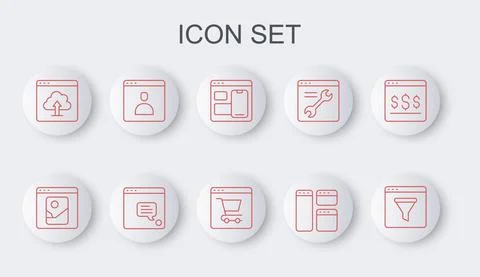 Set line Browser window, Photo retouching, Web developer programming code, Cloud Stock Illustration