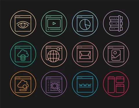 Set line Browser window, Photo retouching, Graph chart infographic, Search Stock Illustration
