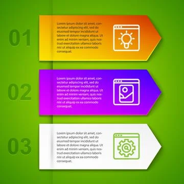 Set line Browser window, Photo retouching and setting. Business infographic Stock Illustration