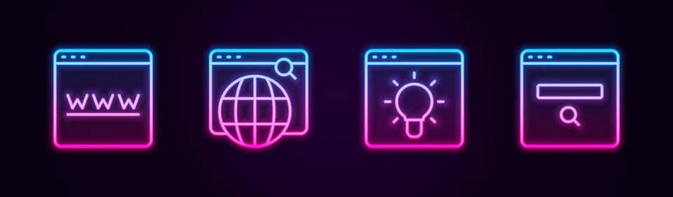 Set line Browser window, Search engine, and . Glowing neon icon. Vector Illustrazione stock