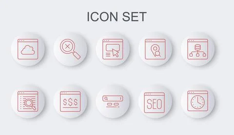 Set line Browser window, Search engine, UI or UX design, SEO optimization, Cloud Ilustración de archivo