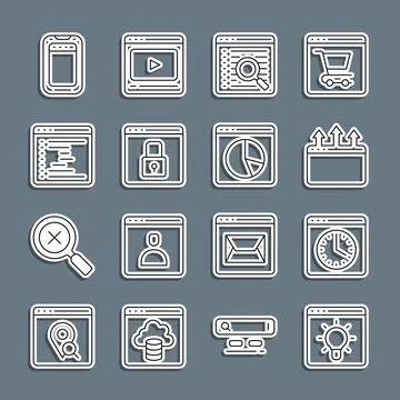 Set line Browser window, Search engine, Secure your site with HTTPS, SSL, Mobile Ilustração Stock