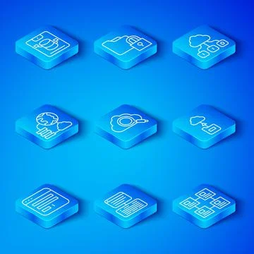 Set line Browser window, Search cloud computing, Server, Data, Web Hosting Illustrazione stock