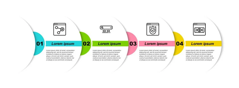 Set line Browser window, Search engine, with shield and Online shopping on Stock Illustration