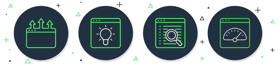 Set line Browser window, Search engine, and Digital speed meter icon. Vector Stockillustratie