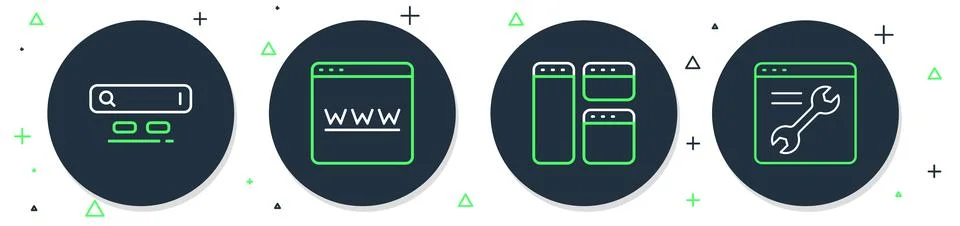 Set line Browser window, Search engine and setting icon. Vector 库存插图