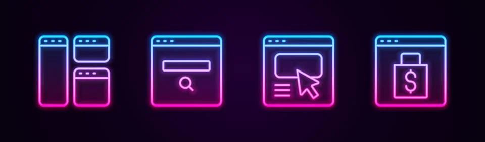 Set line Browser window, Search engine, UI or UX design and Online shopping.. Illustrazione stock