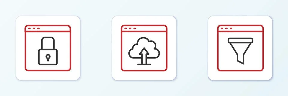 Set line Browser window, Secure your site with HTTPS, SSL and Cloud upload icon 스톡 일러스트