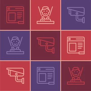 Set line Browser window, Security camera and Hologram icon. Vector Stock Illustration