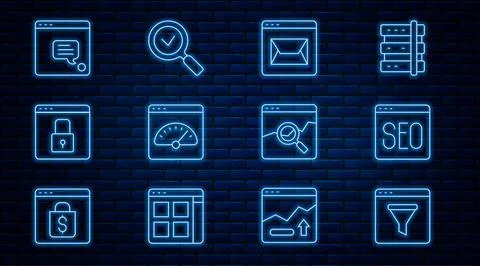 Set line Browser window, SEO optimization, Website and mail, Digital speed meter 库存插图