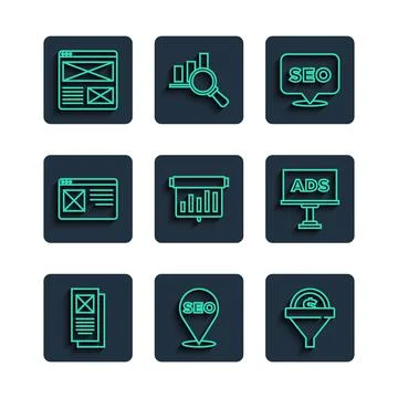 Set line Browser window, SEO optimization, Lead management, Board with graph 스톡 일러스트