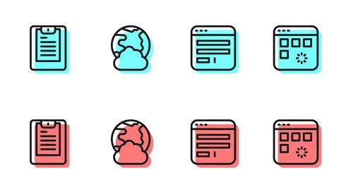 Set line Browser window, Server, Data report, Social network and Loading data Stock Illustration