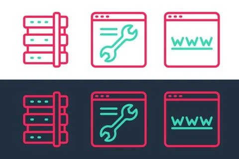 Set line Browser window, Server and setting icon. Vector イラスト素材