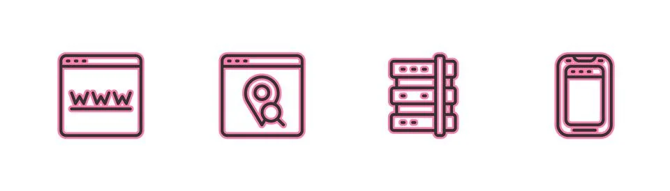 Set line Browser window, Server, Infographic of city map and Mobile phone i.. Ilustración de archivo