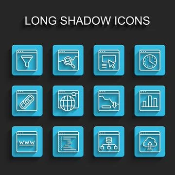 Set line Browser window, Server, Data, Cloud upload, Search engine, Graph c.. Illustrazione stock