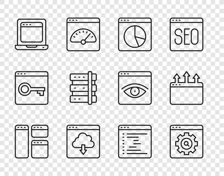 Set line Browser window, setting, Graph chart infographic, Cloud download Illustrazione stock