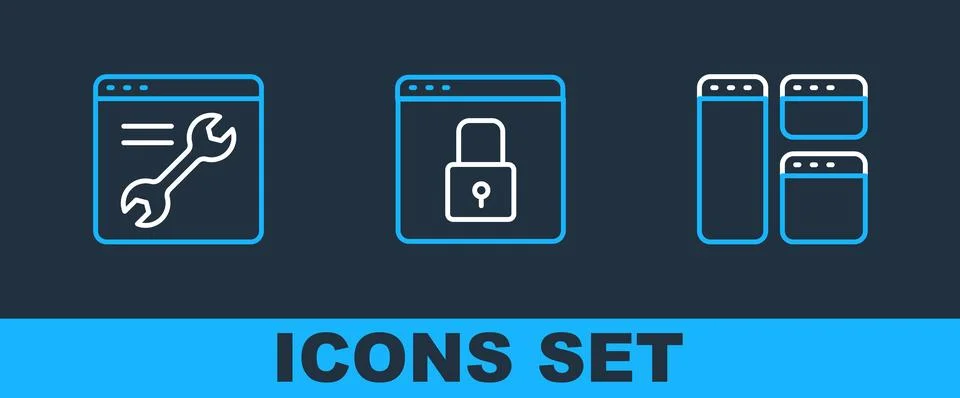 Set line Browser window, setting and Secure your site with HTTPS, SSL icon... 스톡 일러스트