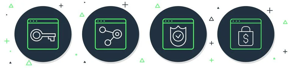 Set line Browser window, with shield, Secure your site HTTPS, SSL and Online  Ilustração Stock
