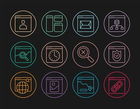 Set line Browser window, with shield, Website and mail, stocks market, Create Stock Illustration