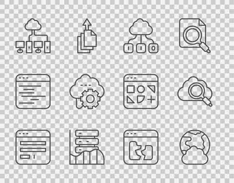Set line Browser window, Social network, Cloud technology data transfer, Server Stockillustratie