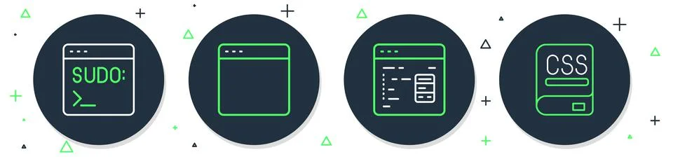 Set line Browser window, Software, Code terminal and Books about programming Stock Illustration
