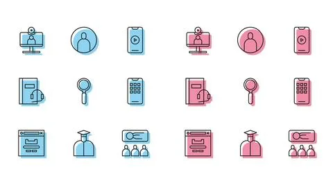 Set line Browser window, Student, Video chat conference, Training, presentation Stock Illustration