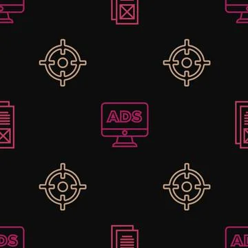 Set line Browser window, Target sport and Advertising on seamless pattern Stock Illustration