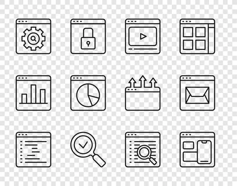 Set line Browser window, Web developer programming code, Online play video Illustration