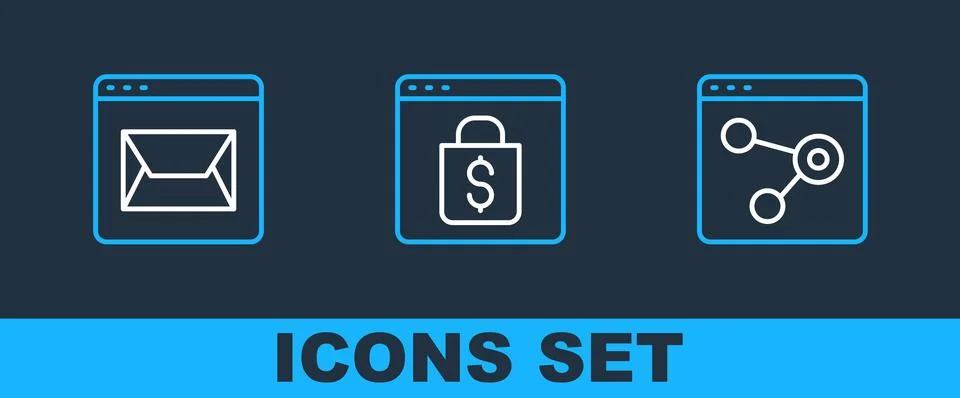 Set line Browser window, Website and mail and Online shopping on screen ico.. Stockillustratie