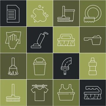 Set line Brush for cleaning, Bottle agent, Washing powder, Mop and bucket Stock-Illustration