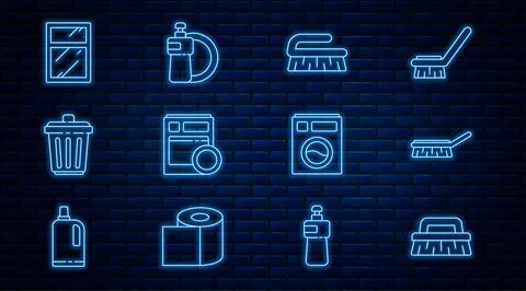 Set line Brush for cleaning, Kitchen dishwasher machine, Trash can, Cleaning Stock Illustration